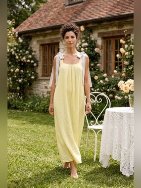 Pitusa Dress Gauzey Ribbon Tie Shoulders Midi Sundress Yellow Pastel Rainbow PS